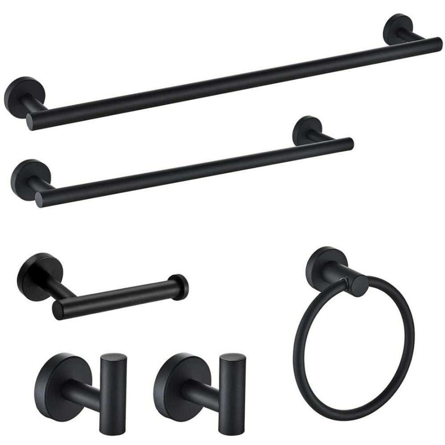 Bathroom Hardware * | Ruiling Porter 6- Piece Bath Hardware Set With Towel Ring Toilet Paper Holder Towel Hook And Towel Bar In Stainless Steel Black