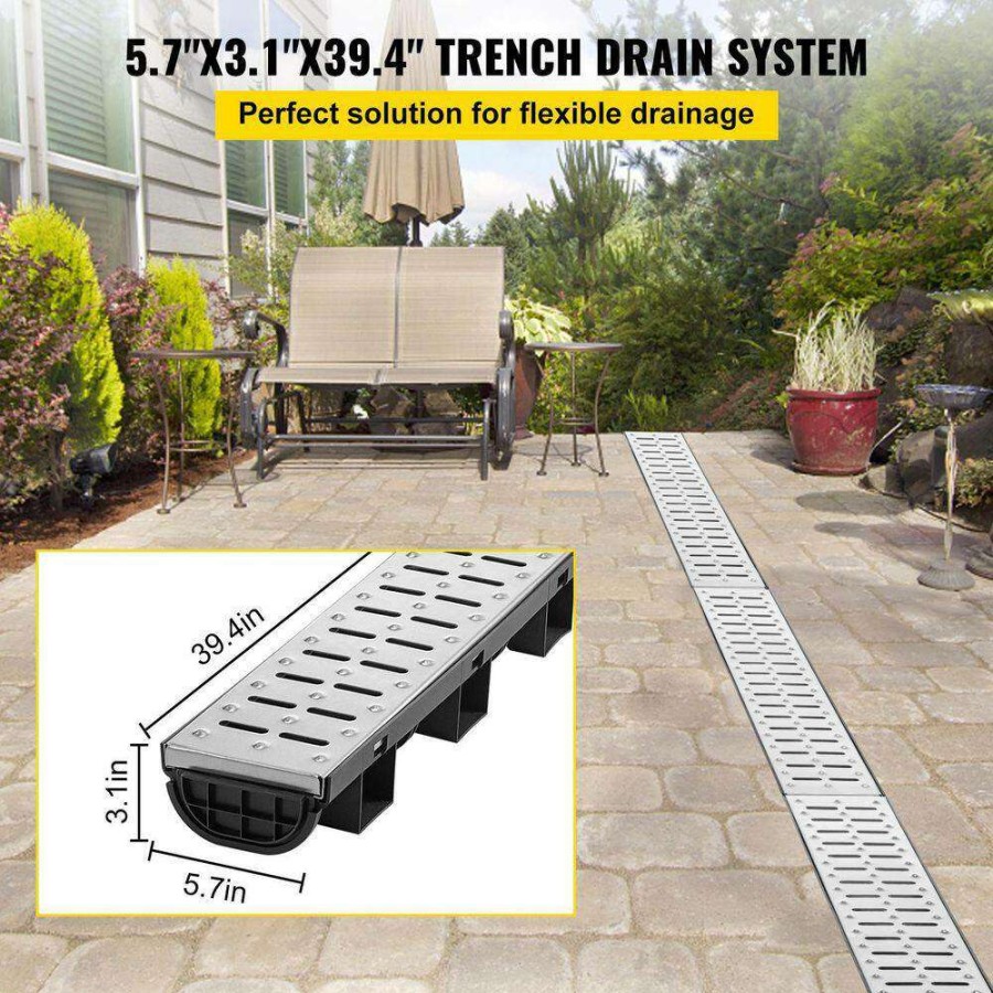 Bathtub Accessories * | Vevor Trench Drain System 39 In. L X 5.8 In. W X 3.1 In. D Drainage Trench With Metal Grate And End Cap Channel Drain 5 Pack