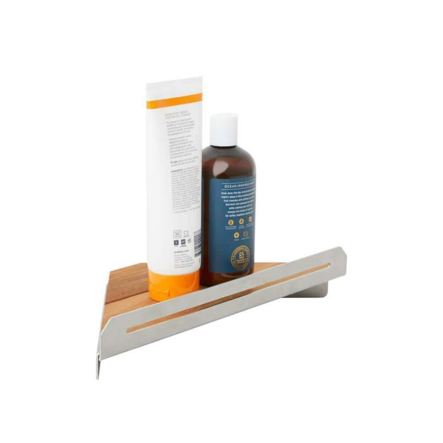 Bathtub Accessories * | Seachrome 14 In. X 8 In. Corner Shower Shelf In Satin With A Natural Teak Wood Insert