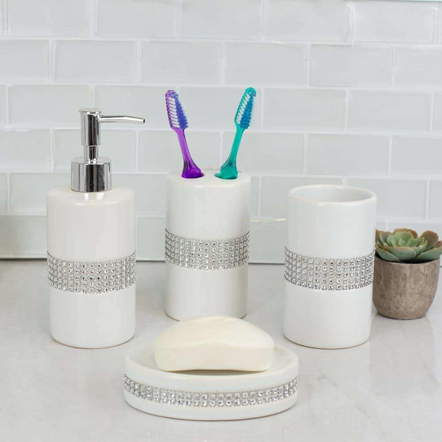 Bathroom Decor * | Home Basics Luxury With Stunning Sequin Accents 4-Piece Ceramic Bath Accessory Set In White