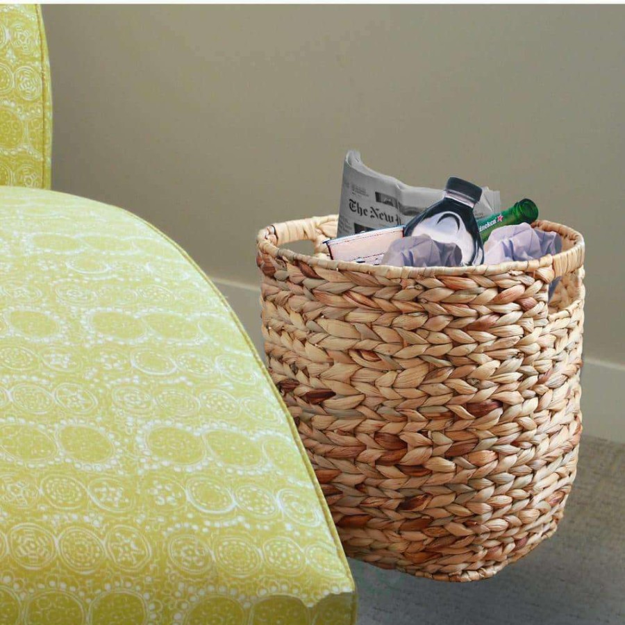 Bathroom Decor * | Vintiquewise Water Hyacinth Large Round Wicker Wastebasket With Cutout Handles