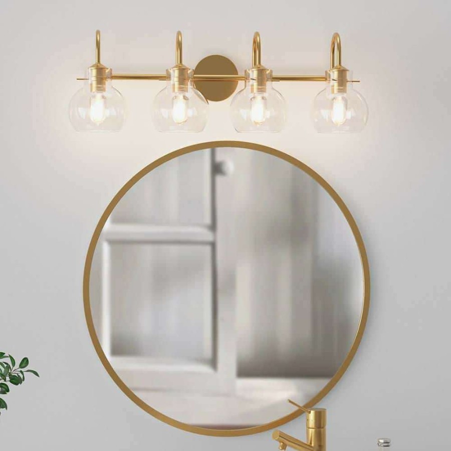 Bathroom Organizers * | Clavie Gold Bathroom Light Fixtures 4-Light 28 In. W X 9 In. H Wall Sconces With Clear Glass Shade Vanity Light In Black