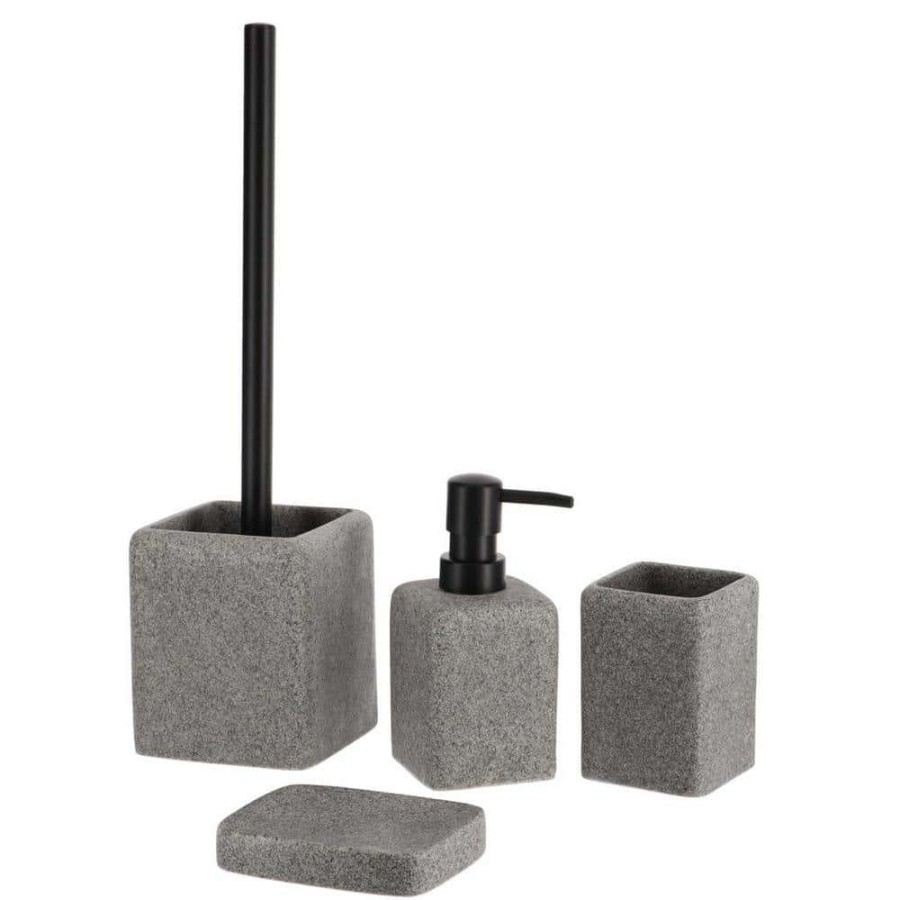 Bathroom Decor * | Unbranded 4-Pieces Bath Accessory Set With Soap Pump, Tumbler, Soap Dish And Toilet Brush Holder In Grey Granite Polyresin