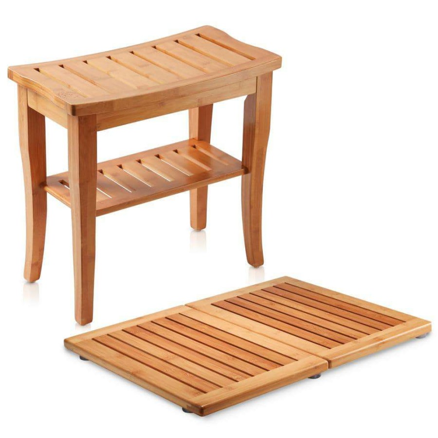 Bathroom Decor * | Bambusi Bamboo Shower Seat Bench With Bathroom Floor Mat For Indoor And Outdoor Decor