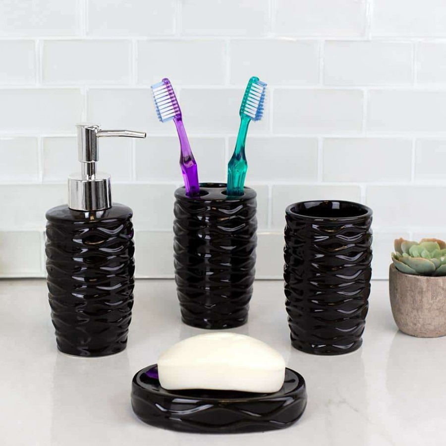 Bathroom Decor * | Home Basics Curves 4-Piece Bath Accessory Set In Black