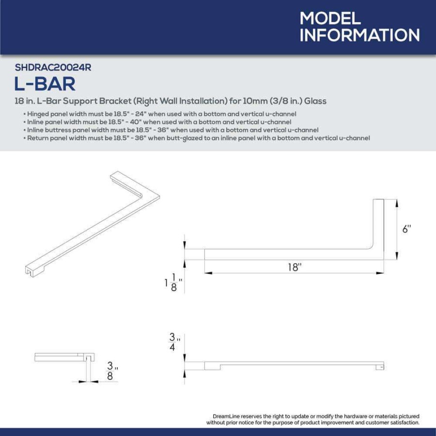 Bathtub Accessories * | Dreamline 18 In. L-Bar Support Bracket (Right Wall Installation) For 10 Mm (3/8 In.) Glass In Satin Black