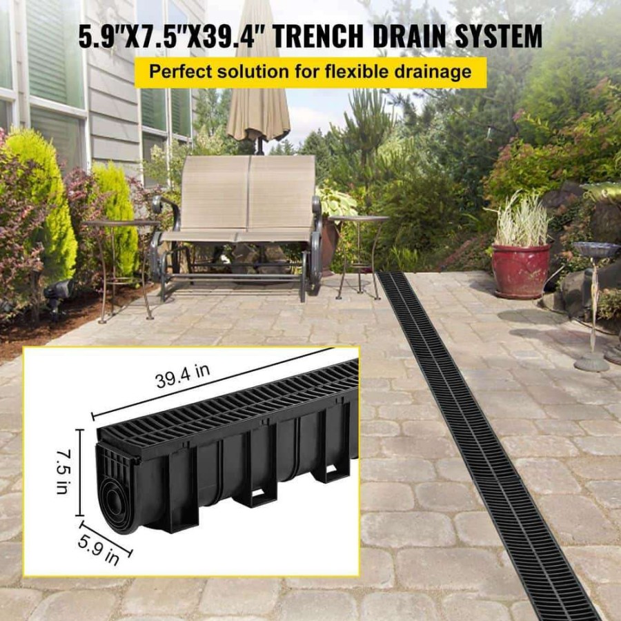 Bathtub Accessories * | Vevor Trench Drain System 39 In. L X 5.8 In. W X 7.5 In. D Drainage Trench With Plastic Grate And End Cap Channel Drain 5 Pack