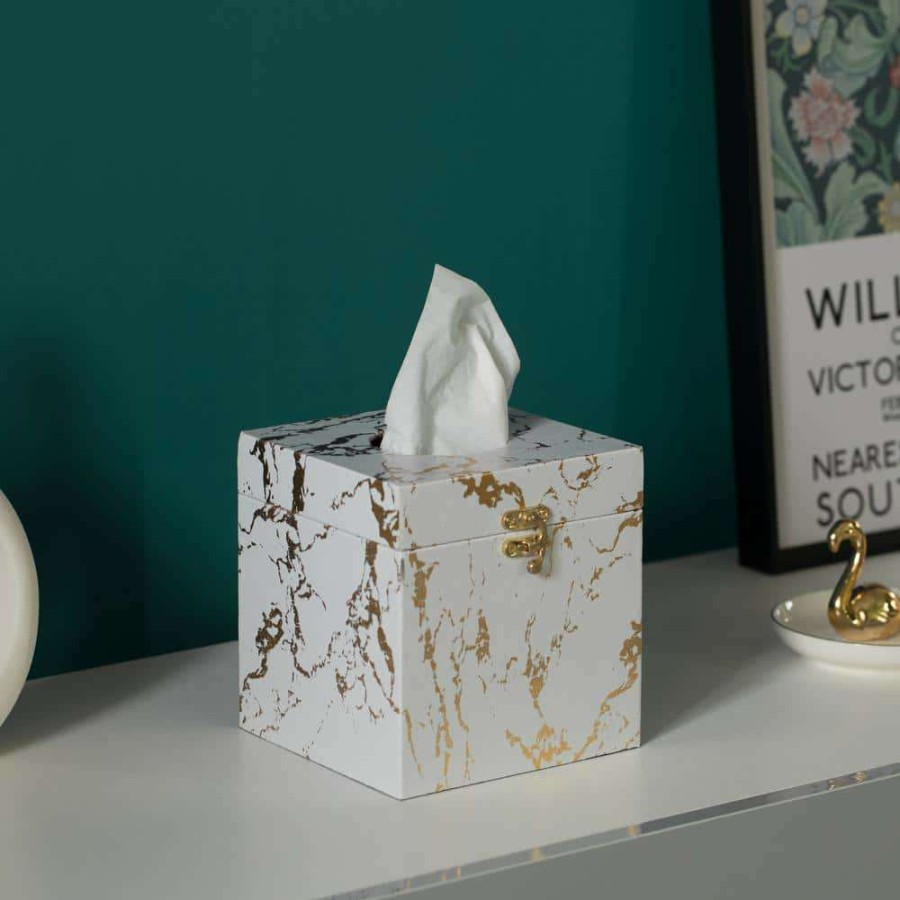 Bathroom Decor * | Vintiquewise Velvet Modern Decorative Paper Facial Tissue Box Holder In Square White And Gold