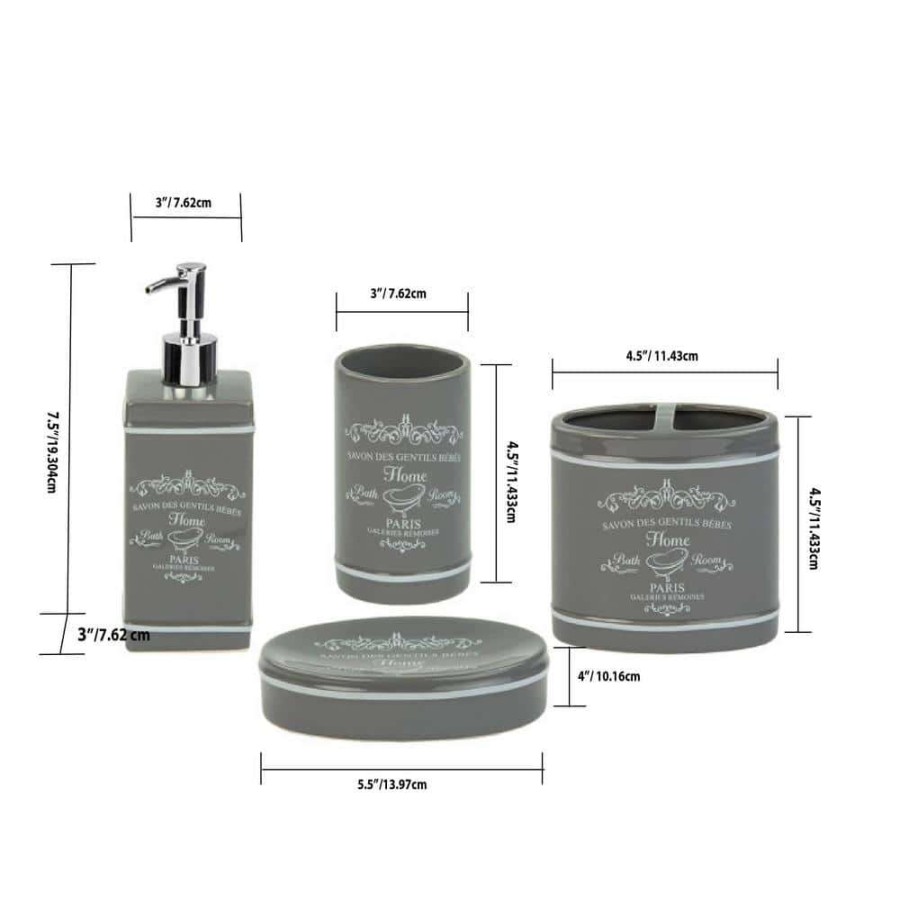 Bathroom Decor * | Home Basics 4-Piece Paris Bath Accessory Set In Grey