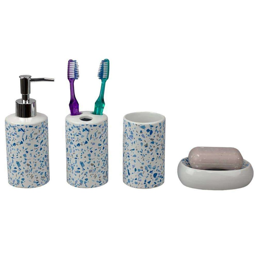 Bathroom Decor * | Home Basics Trendy Terrazzo 4-Piece Ceramic Bath Accessory Set In Blue