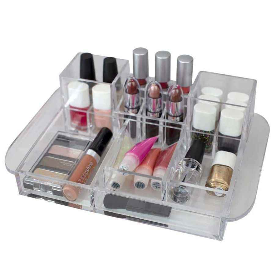 Bathroom Organizers * | Unbranded 16-Compartment Transparent Plastic Cosmetic Makeup And Jewelry Storage Organizer With Easy Grip Handles In Clear