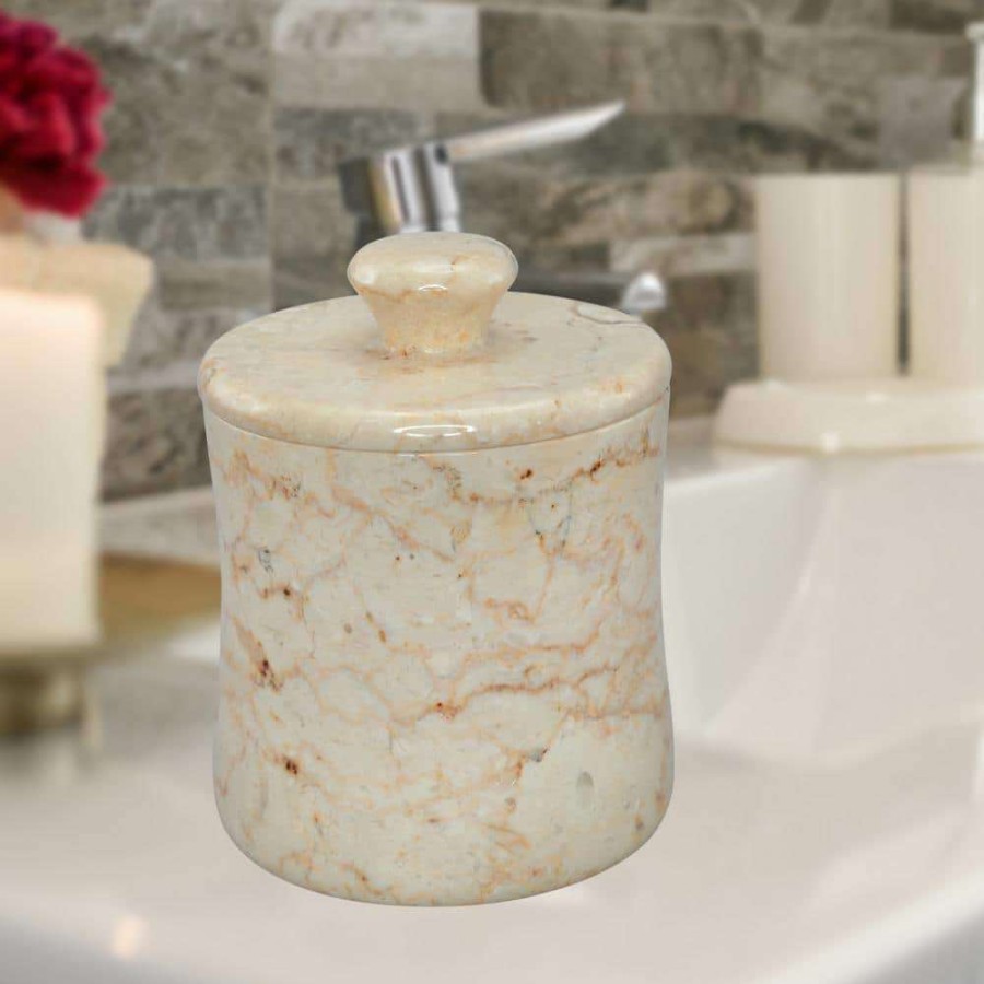 Bathroom Organizers * | Creative Home Natural Champagne Marble Fenway Collection Cotton Ball Swab Holder Countertop Storage Jar Container Organizer In Beige