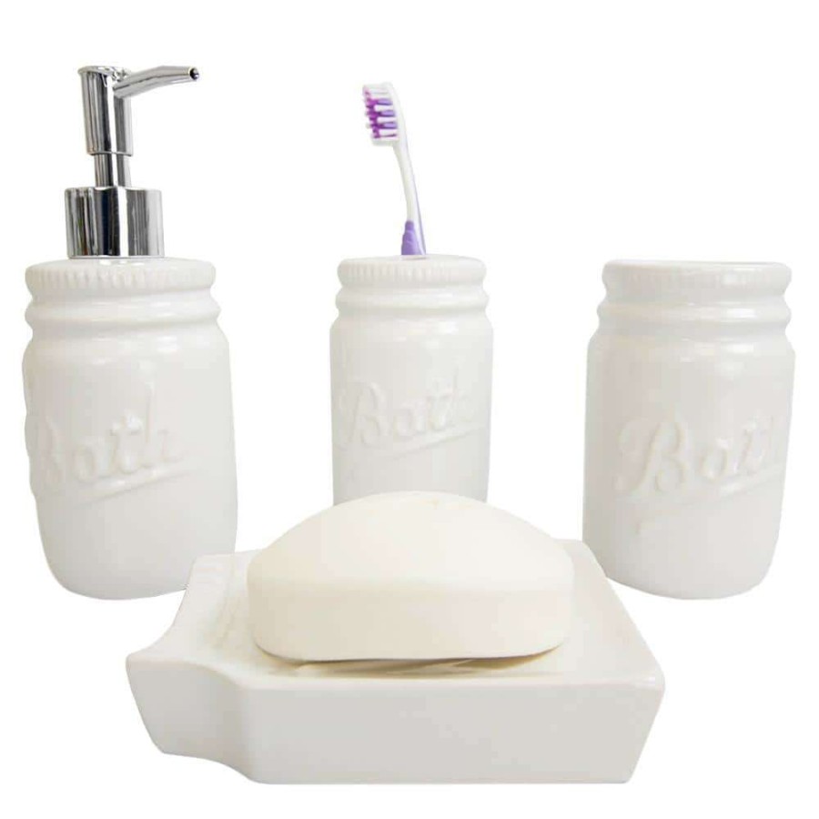 Bathroom Decor * | Unbranded Dolomite Mason Jar 4-Piece Bath Accessory Set In White