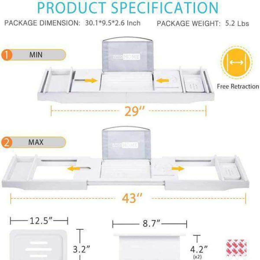 Bathroom Organizers * | Vivohome Expandable 43 In. Bamboo Bathtub Caddy Tray In White With Holders, Soap Tray, Wine Glass Slot