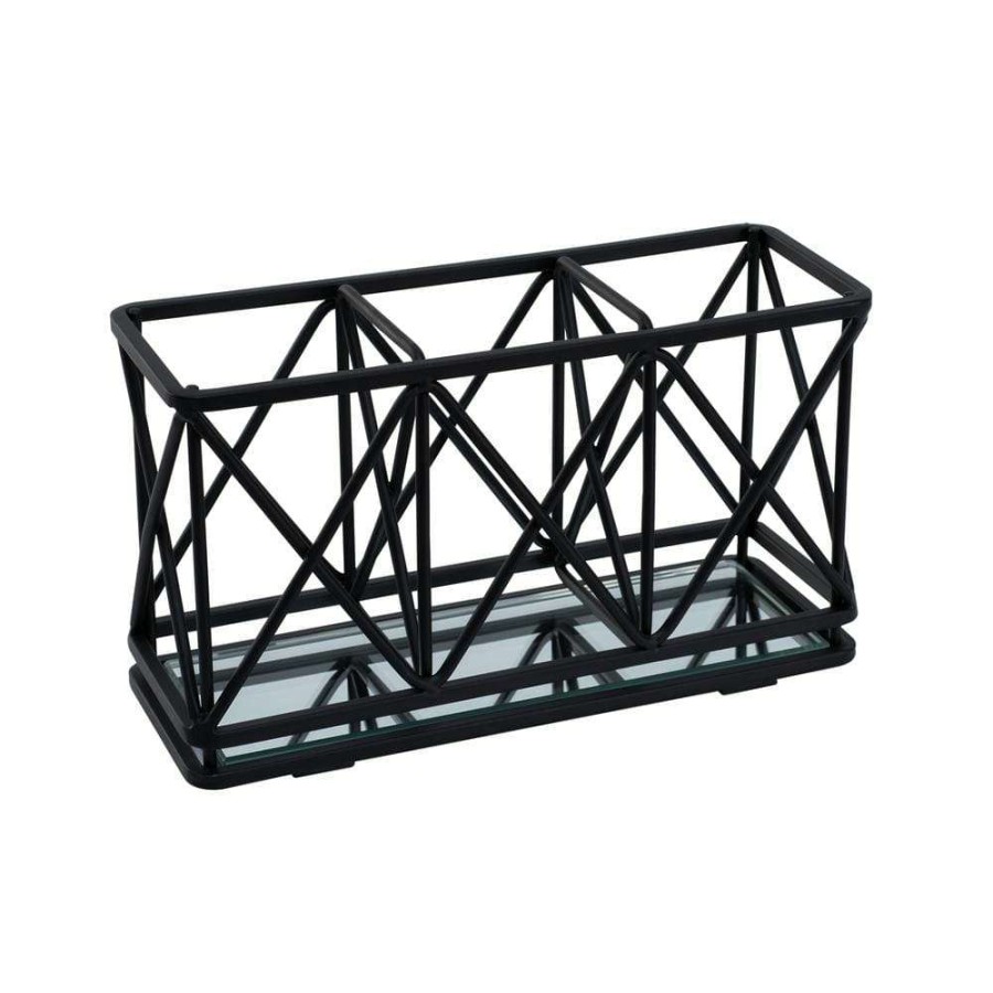 Bathroom Organizers * | Home Details 3 Compartment Cosmetic Brush Pencil Holder In Matte Black