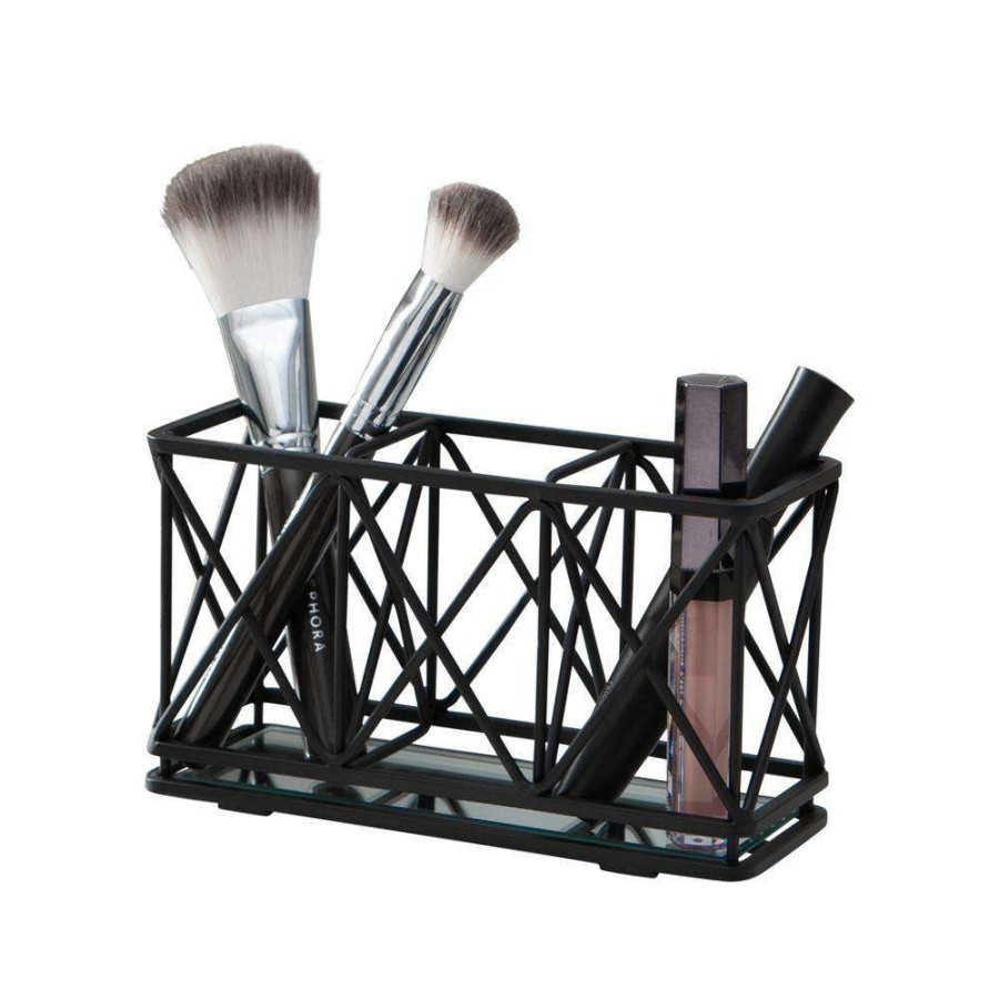 Bathroom Organizers * | Home Details 3 Compartment Cosmetic Brush Pencil Holder In Matte Black