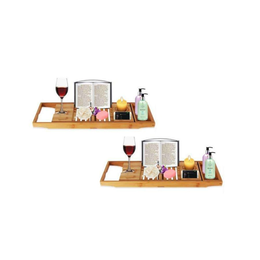 Bathroom Organizers * | Serenelife Luxury Bamboo Bathtub Caddy Tray Organizer W/Wine Holder (2 Pack)