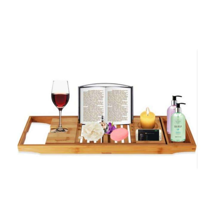 Bathroom Organizers * | Serenelife Luxury Bamboo Bathtub Caddy Tray Organizer W/Wine Holder (2 Pack)