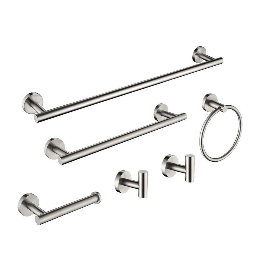 Bathroom Hardware * | Zalerock Modern 6-Piece Bath Hardware Set With Towel Rail X2 Paper Towel Rack X1 Towel Ring X1 Hook X2 In Brushed Nickel