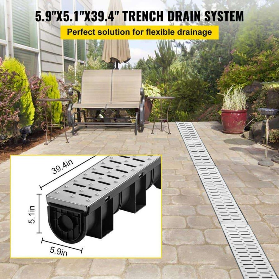 Bathtub Accessories * | Vevor Trench Drain Grate 39 In. L X 5.8 In. W X 5.2 In. D Drainage Trench With Metal Grate And End Cap Channel Drain 3 Pack