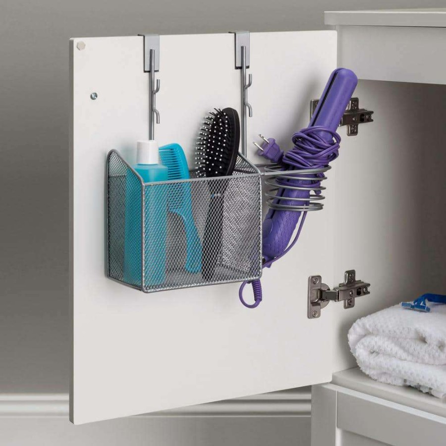 Bathroom Organizers * | Home Basics Over The Cabinet Hairdryer Holder In Silver