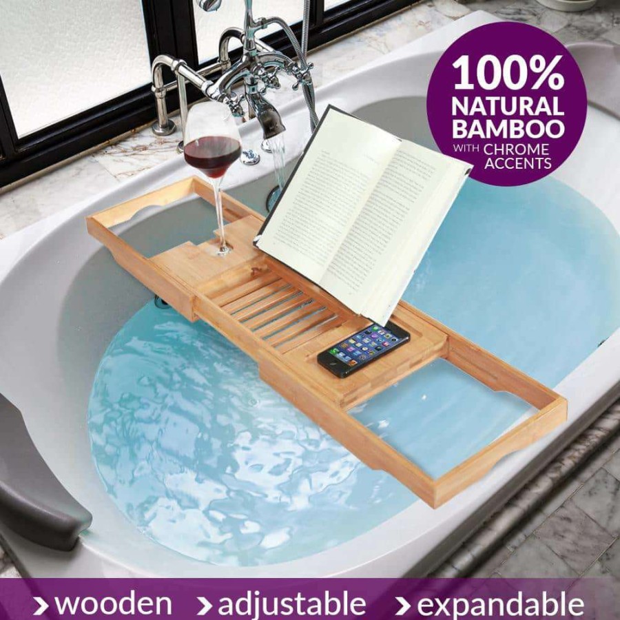 Bathroom Organizers * | Toilettree Bamboo Bathtub Caddy With Extending Sides And Adjustable Book Holder