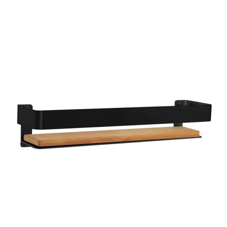 Bathtub Accessories * | Seachrome 18 In. X 4 In. Rectangular Shower Shelf With Rail In Matte Black And Natural Teak Wood Insert