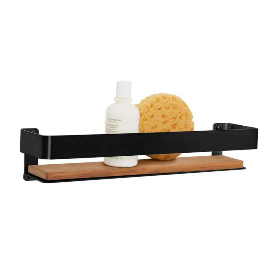 Bathtub Accessories * | Seachrome 18 In. X 4 In. Rectangular Shower Shelf With Rail In Matte Black And Natural Teak Wood Insert