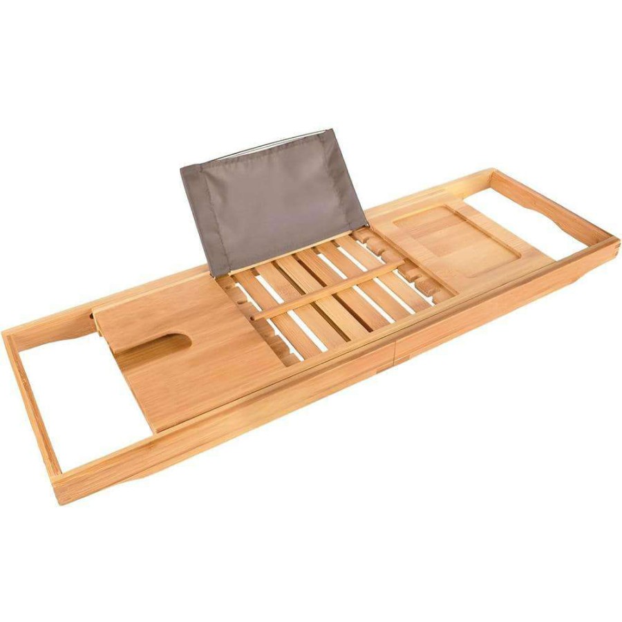 Bathroom Organizers * | Unbranded Extendable Bamboo Bathtub Caddy Tray With Adjustable Book Reading Rack And Wine Holder