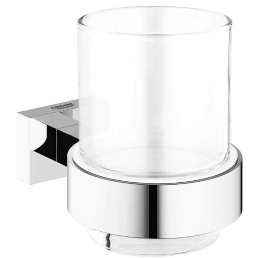 Bathroom Decor * | Grohe Essentials Cube Wall-Mounted Crystal Glass Cup With Holder In Starlight Chrome