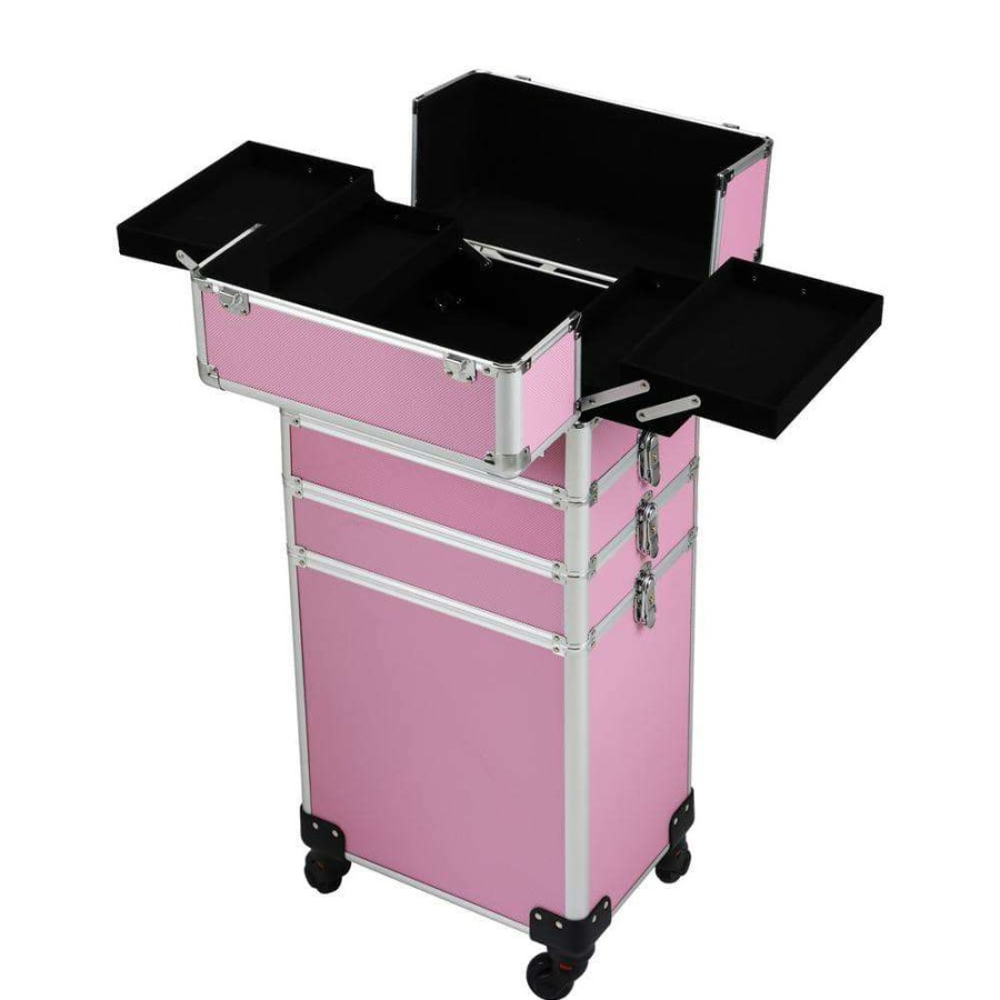 Bathroom Organizers * | Aoibox 4-In-1 Aluminum Cosmetic Organizer Box Makeup Travel Case In Pink