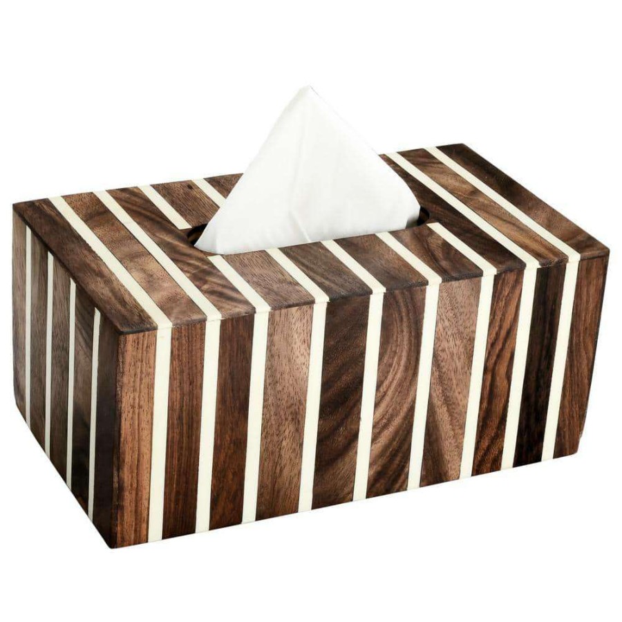 Bathroom Decor * | Mascot Hardware Striped Tissue Box Cover In White And Wood