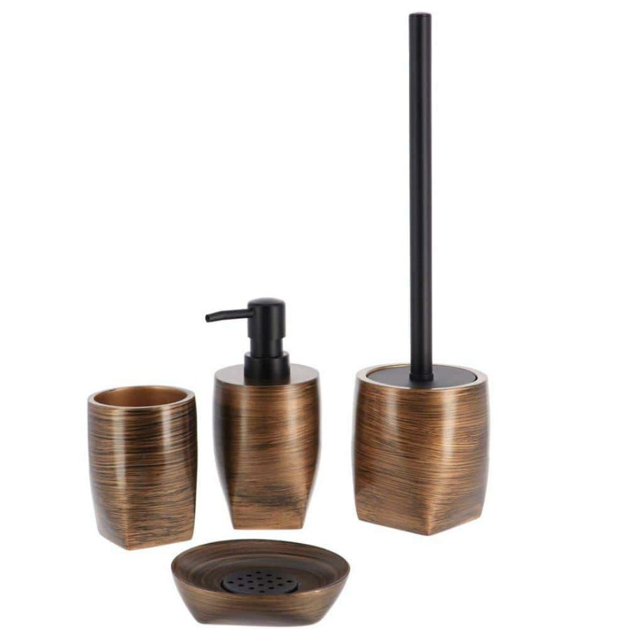 Bathroom Decor * | Unbranded 4-Pieces Bath Accessory Set With Soap Pump, Tumbler, Soap Dish And Toilet Brush Holder In Gold Polyresin Wenge