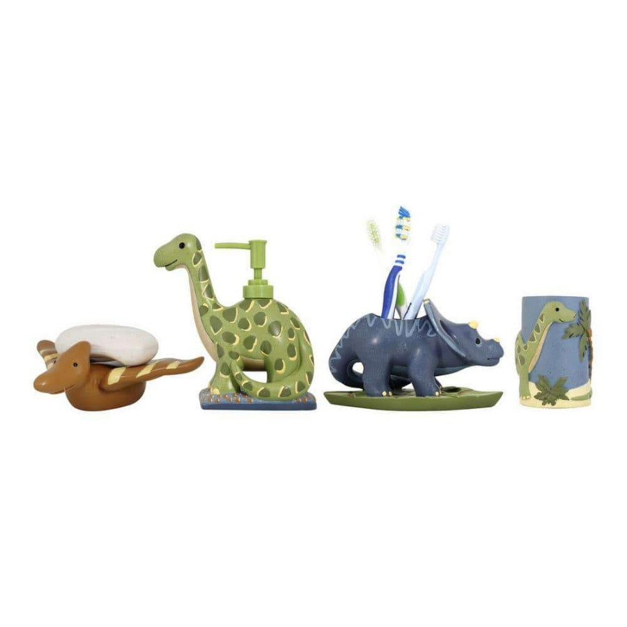 Bathroom Decor * | Modona Dinosaur 4-Piece Kids Bathroom Accessories Set In Blue/Green And Brown