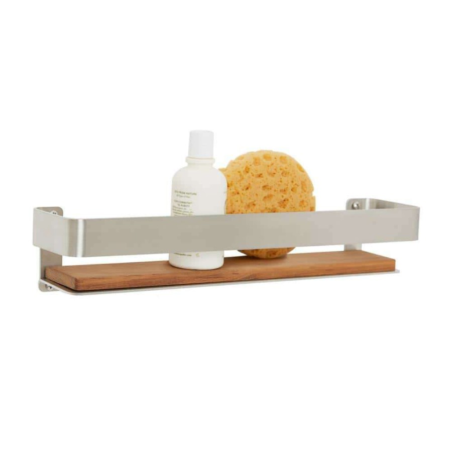 Bathtub Accessories * | Seachrome 18 In. X 4 In. Rectangular Shower Shelf With Rail In Satin And Natural Teak Wood Insert