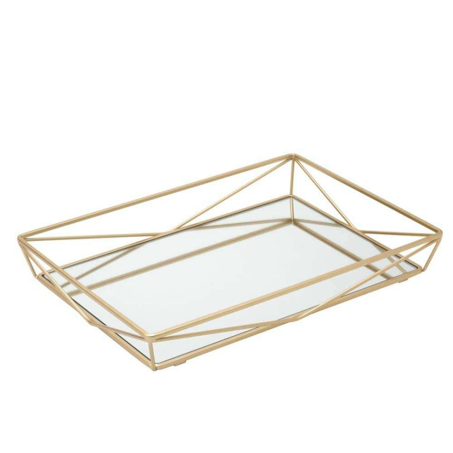 Bathroom Organizers * | Home Details Large Geometric Mirrored Vanity Tray In Satin Gold