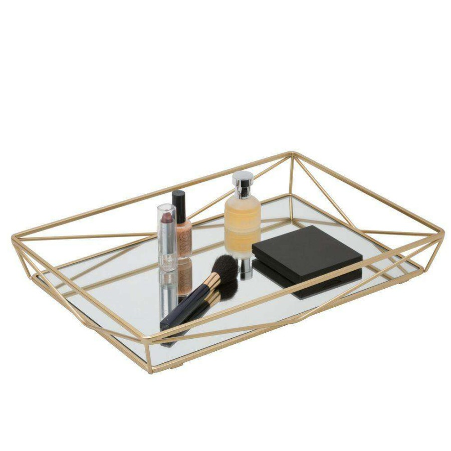 Bathroom Organizers * | Home Details Large Geometric Mirrored Vanity Tray In Satin Gold