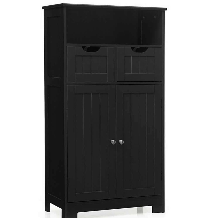 Bathroom Organizers * | Gymax Bathroom Floor Cabinet Wooden Storage Organizer With Drawer Doors Black