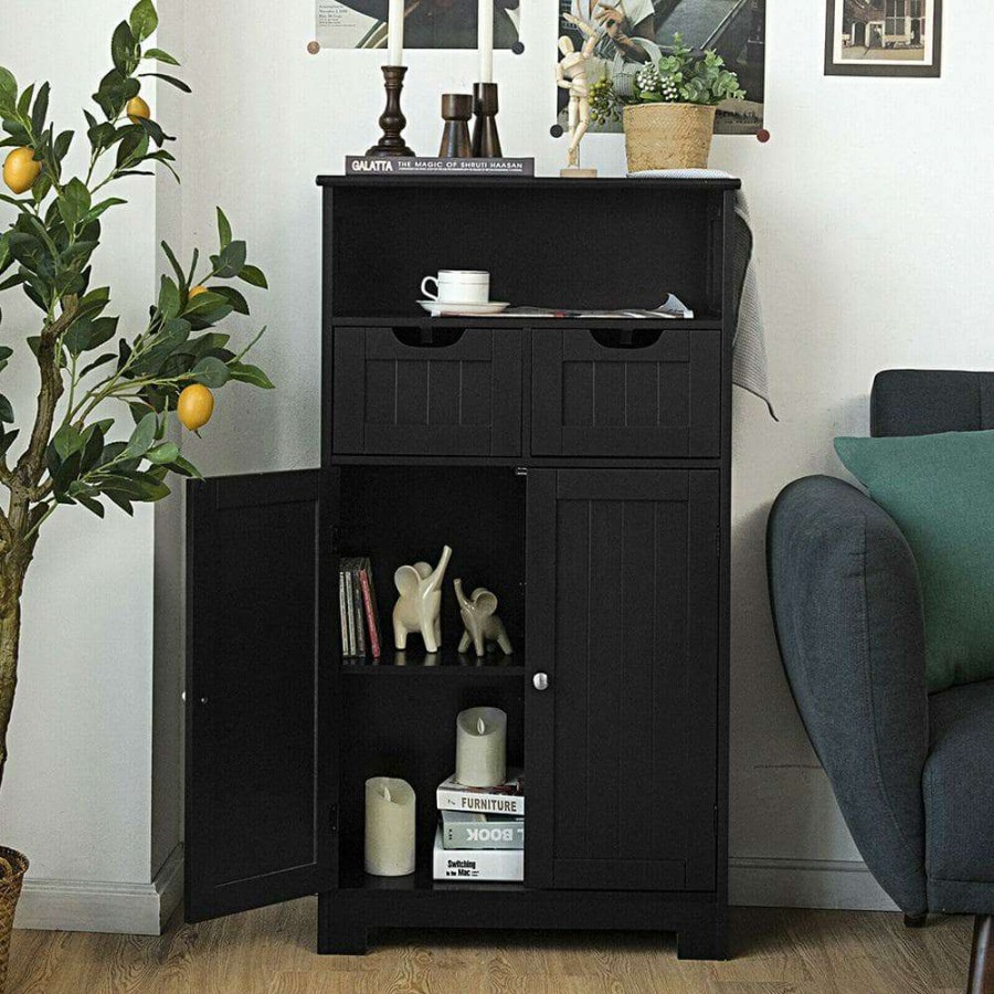 Bathroom Organizers * | Gymax Bathroom Floor Cabinet Wooden Storage Organizer With Drawer Doors Black