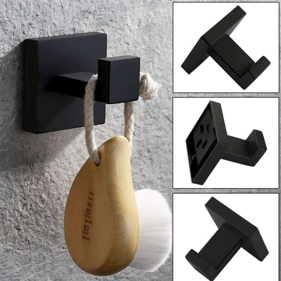 Bathroom Hardware * | Ruiling Square Bathroom Robe Hook And Towel Hook In Stainless Steel Matte Black (2-Pack)