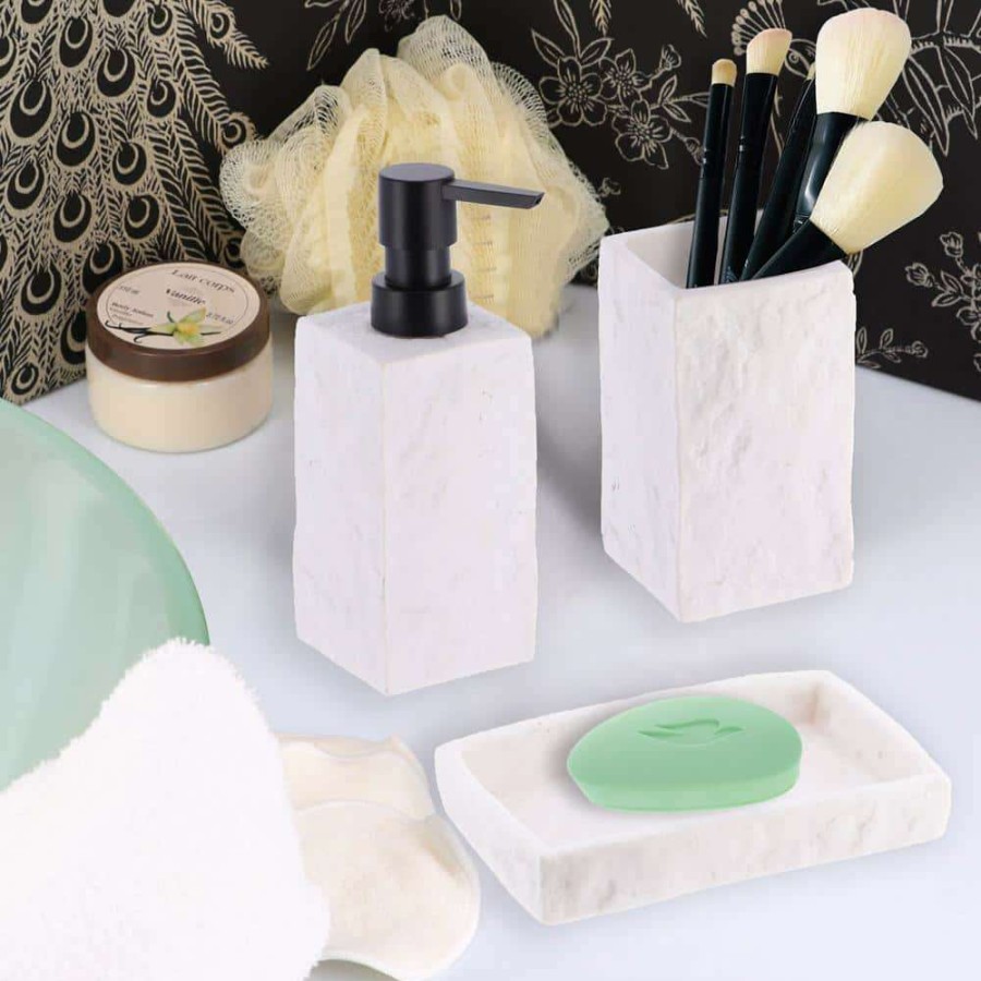 Bathroom Decor * | Unbranded Stone 4-Pieces Bath Accessory Set With Soap Pump, Tumbler, Soap Dish And Toilet Brush Holder In Polyresin White