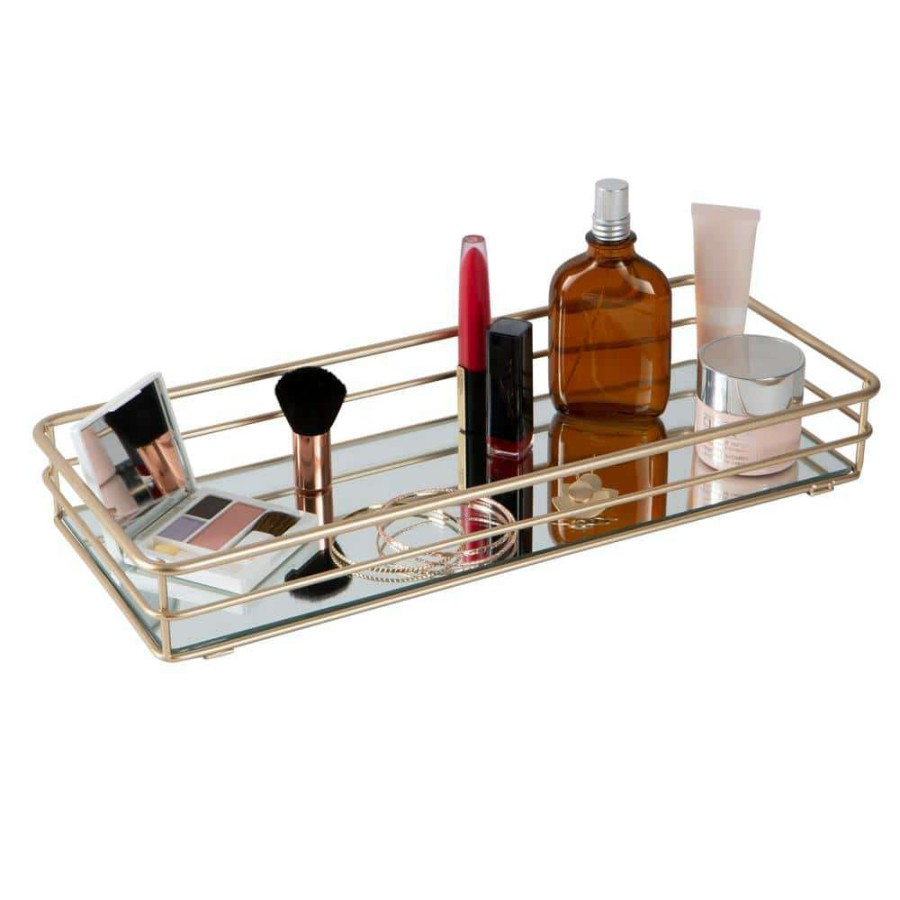 Bathroom Organizers * | Elle Decor Rectangular Mirrored Bottom Vanity Tray In Satin Gold