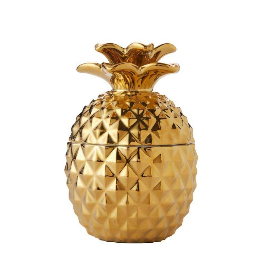 Bathroom Organizers * | Skl Home Gilded Pineapple Cotton Jar, Stoneware, Gold