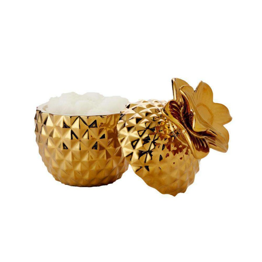 Bathroom Organizers * | Skl Home Gilded Pineapple Cotton Jar, Stoneware, Gold