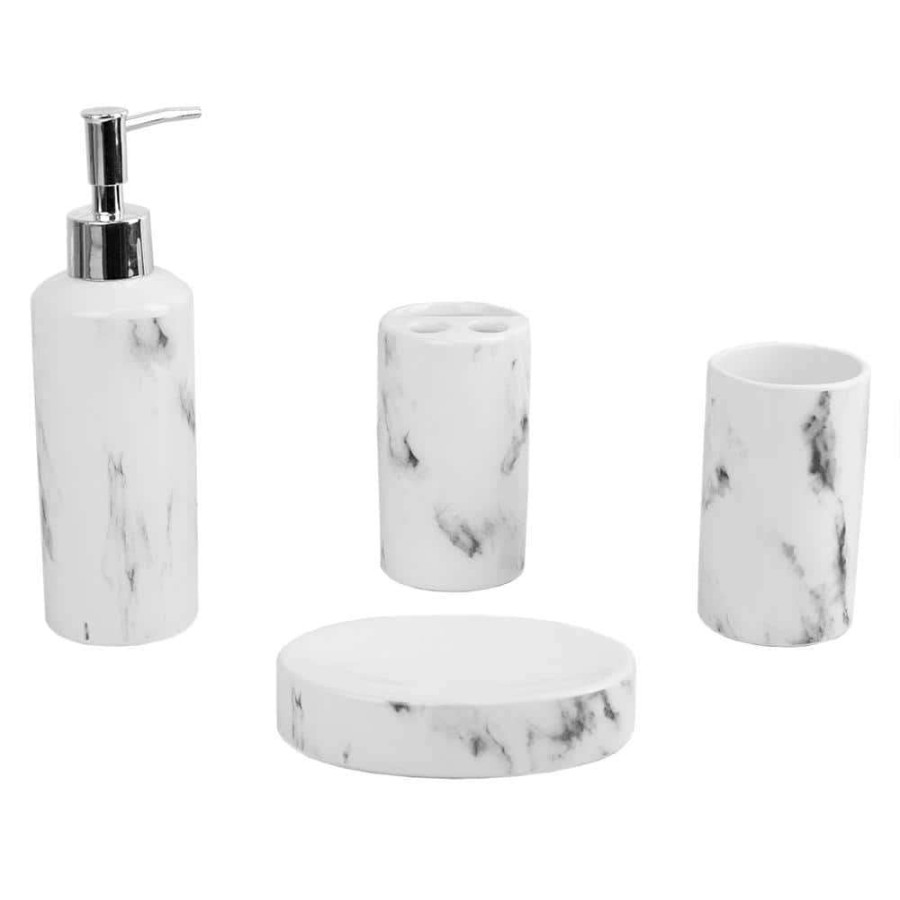 Bathroom Decor * | Unbranded Marble Ceramic 4 Piece Bath Accessory Set In White