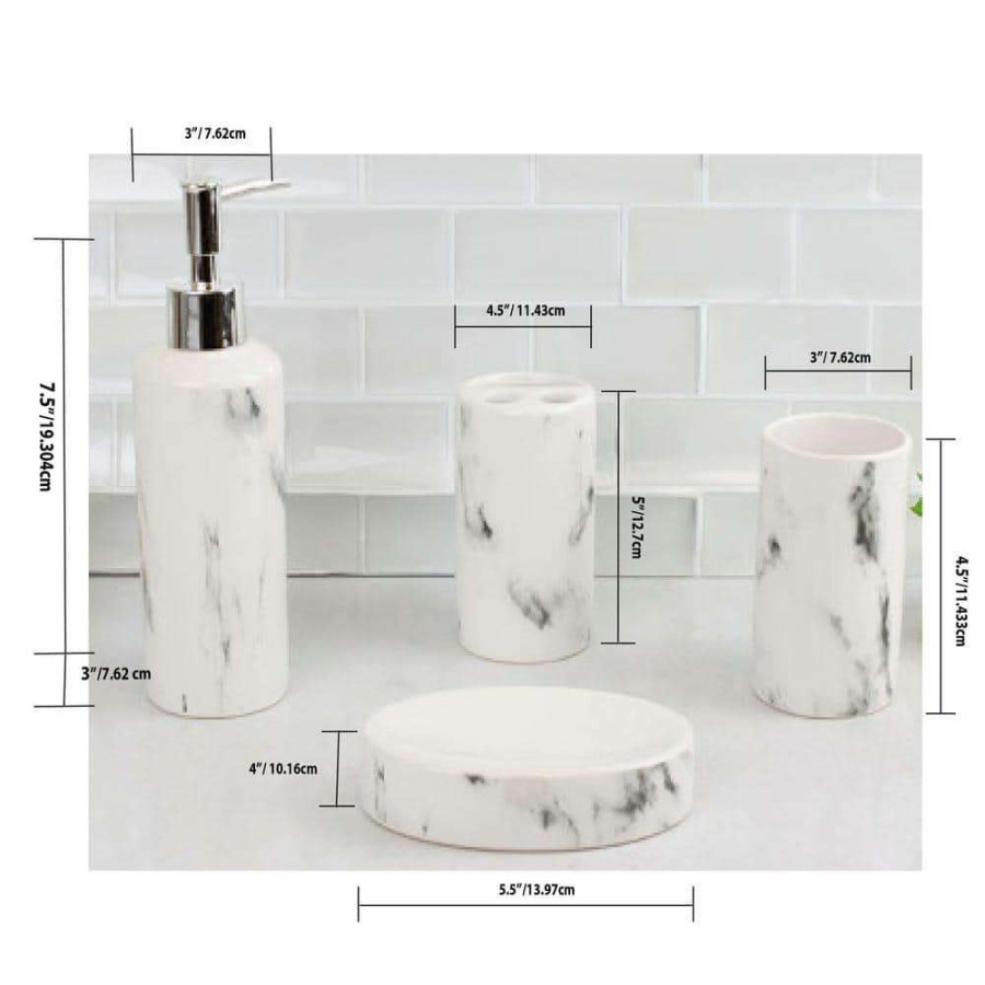 Bathroom Decor * | Unbranded Marble Ceramic 4 Piece Bath Accessory Set In White