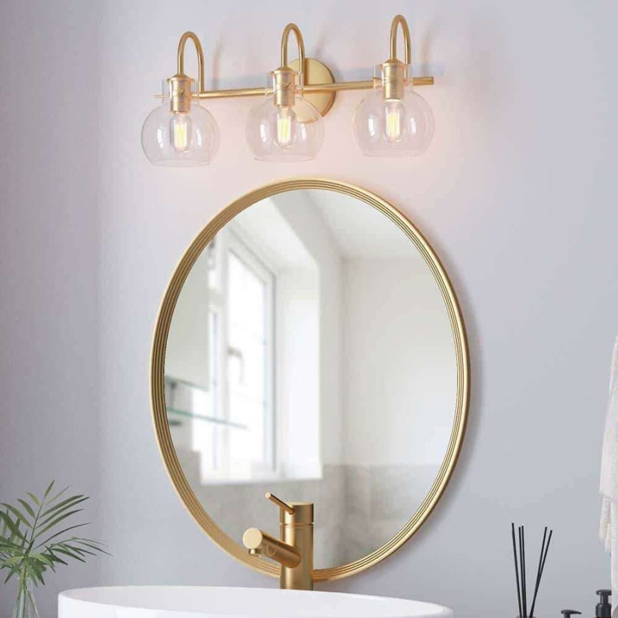 Bathroom Organizers * | Clavie Gold Bathroom Light Fixtures 3-Light 21 In. W X 9 In. H Wall Sconces With Clear Glass Shade Vanity Light In Black