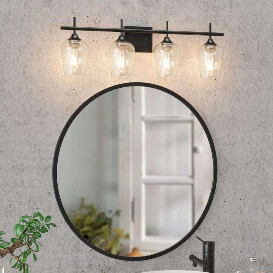 Bathroom Organizers * | Clavie Hanging Bathroom Light Fixtures 4-Light 30 In. W X 9 In. H Wall Sconces With Clear Glass Shade Vanity Light In Black