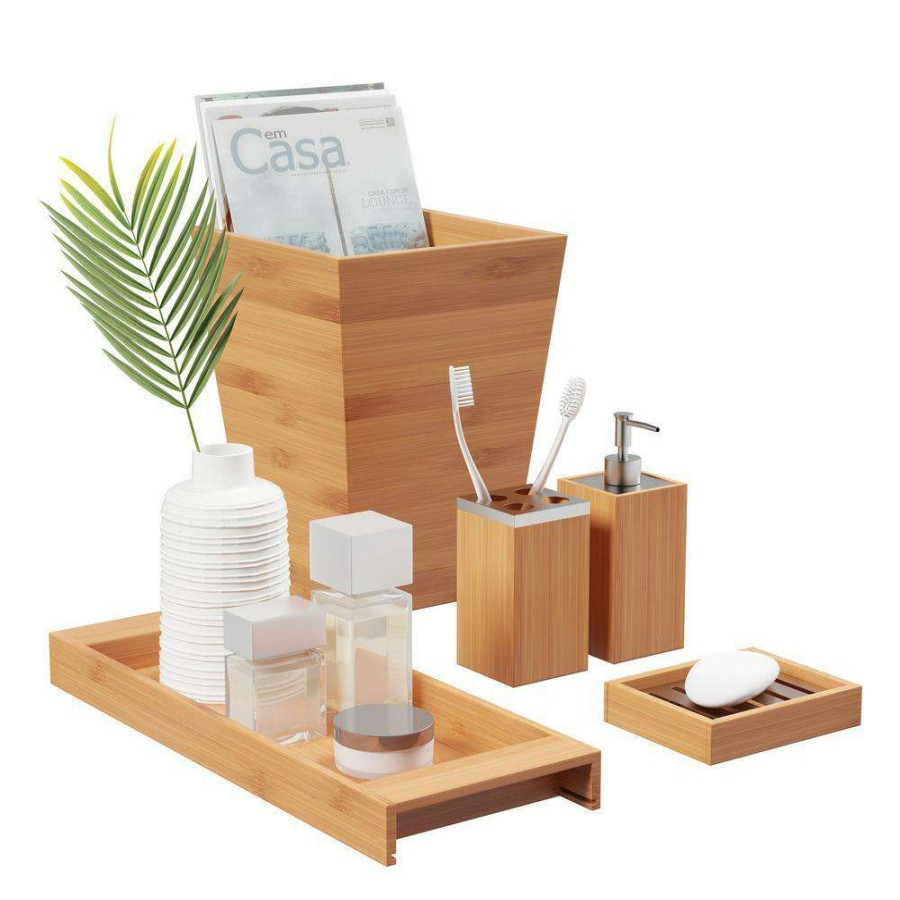 Bathroom Organizers * | Lavish Home 5-Piece Bamboo Bathroom And Vanity Set In Natural