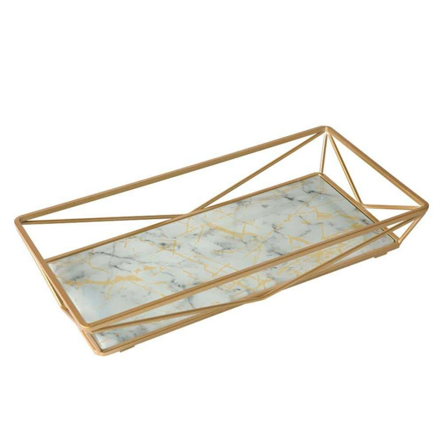 Bathroom Organizers * | Home Details Marble Agate Design Geometric Vanity Tray In Gold